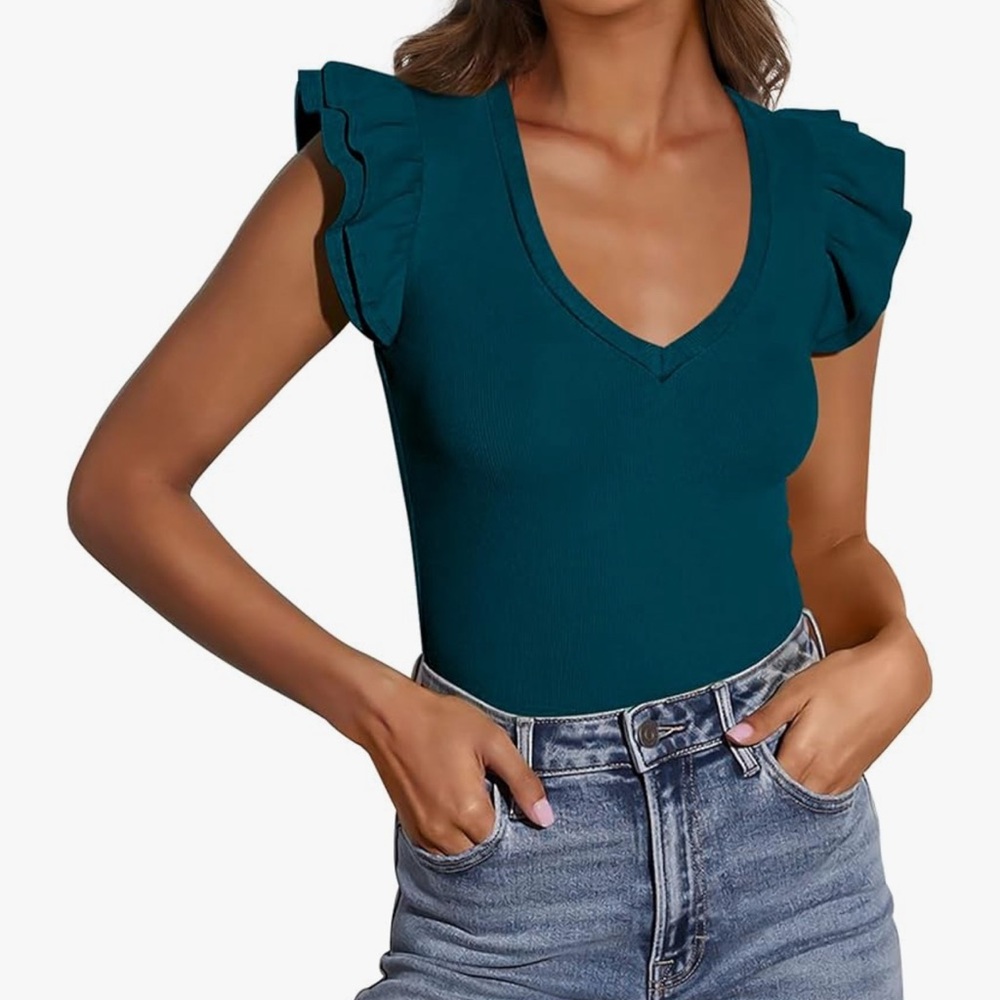 NEW Teal Ruffle Sleeve V-Neck Top Size M